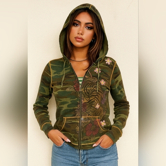 Vintage Y2k Lucky Camo Tiger Embroidered Flower Zip Hoodie Sweatshirt Sz Medium - Picture 1 of 10